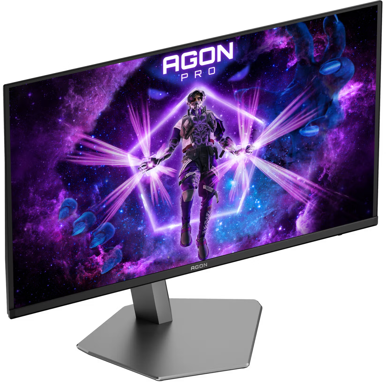 Egy Agon Pro monitor lila űrtémájú játékot mutat be egy lebegő karakterrel, amely fénysugarakat bocsát ki.