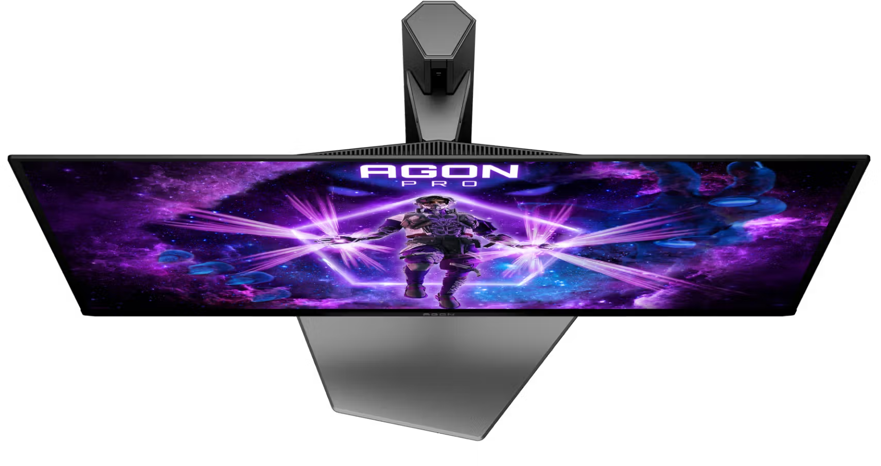 Felülnézet egy Agon Pro gamer monitorról, lila űr háttérrel és futurisztikus karakterrel.