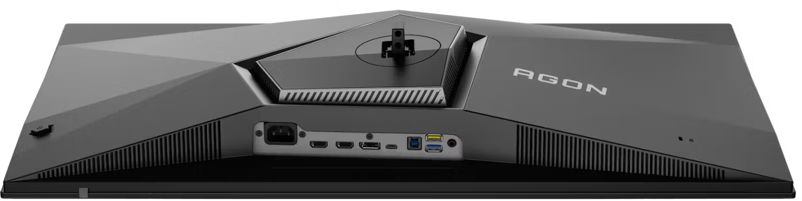 A sötétszürke AGON gamer monitor hátoldala portokkal és talapzattal fekete háttér előtt.