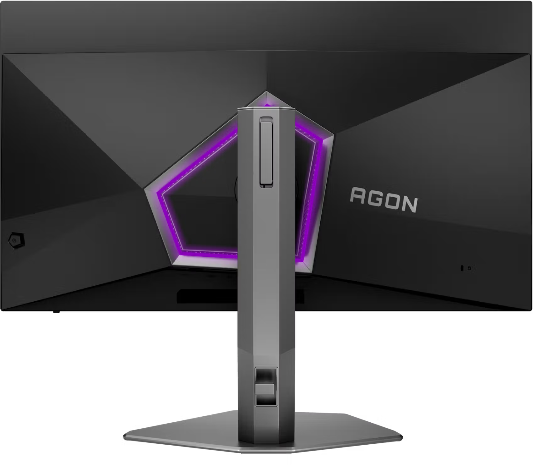 Fekete Agon gamer monitor hátulja lila LED világítással és stabil állvánnyal.