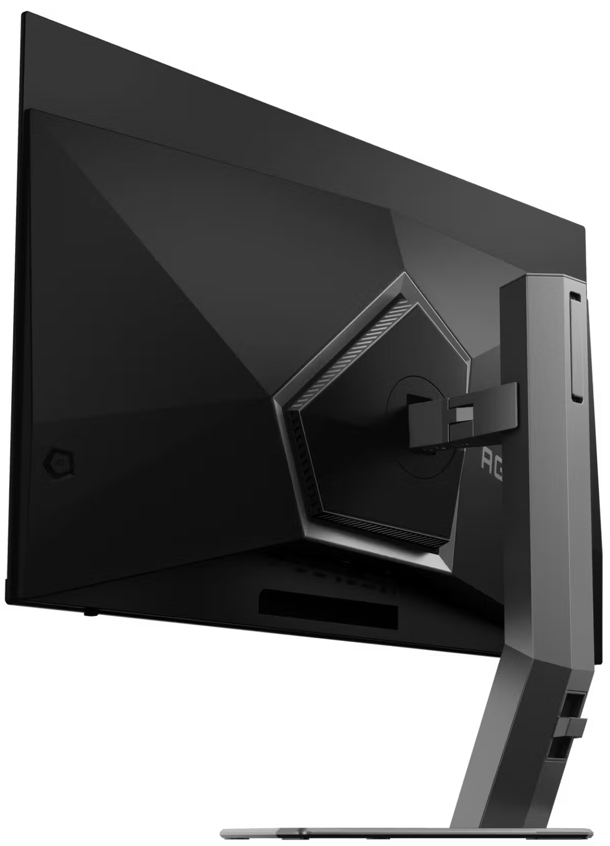 Egy modern, fekete monitor hátulja geometriai dizájnnal, erős állványon, fekete háttér előtt.