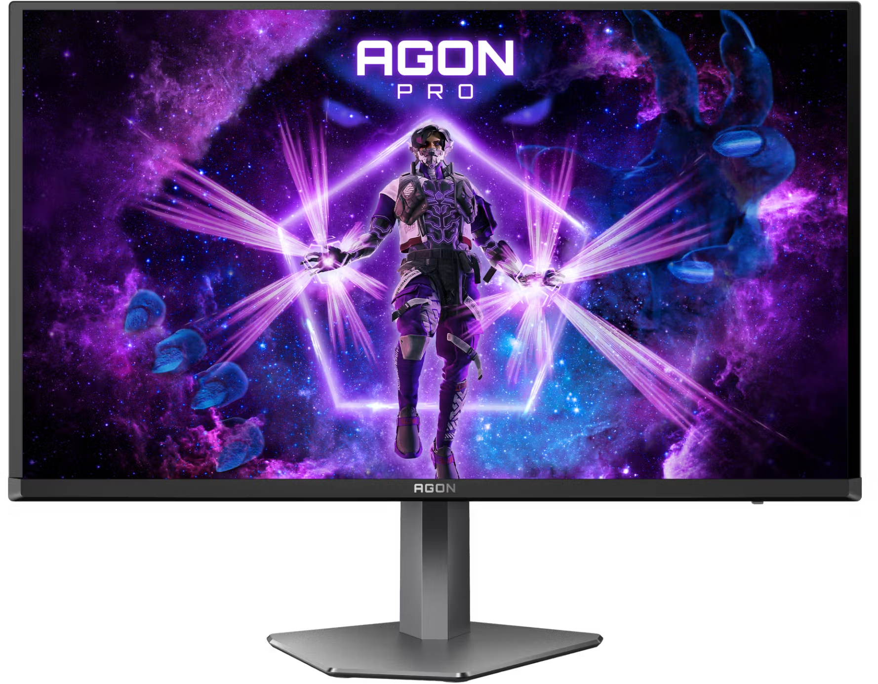 Agon Pro monitor játékképet mutat lila karakterrel, kozmikus háttér előtt.