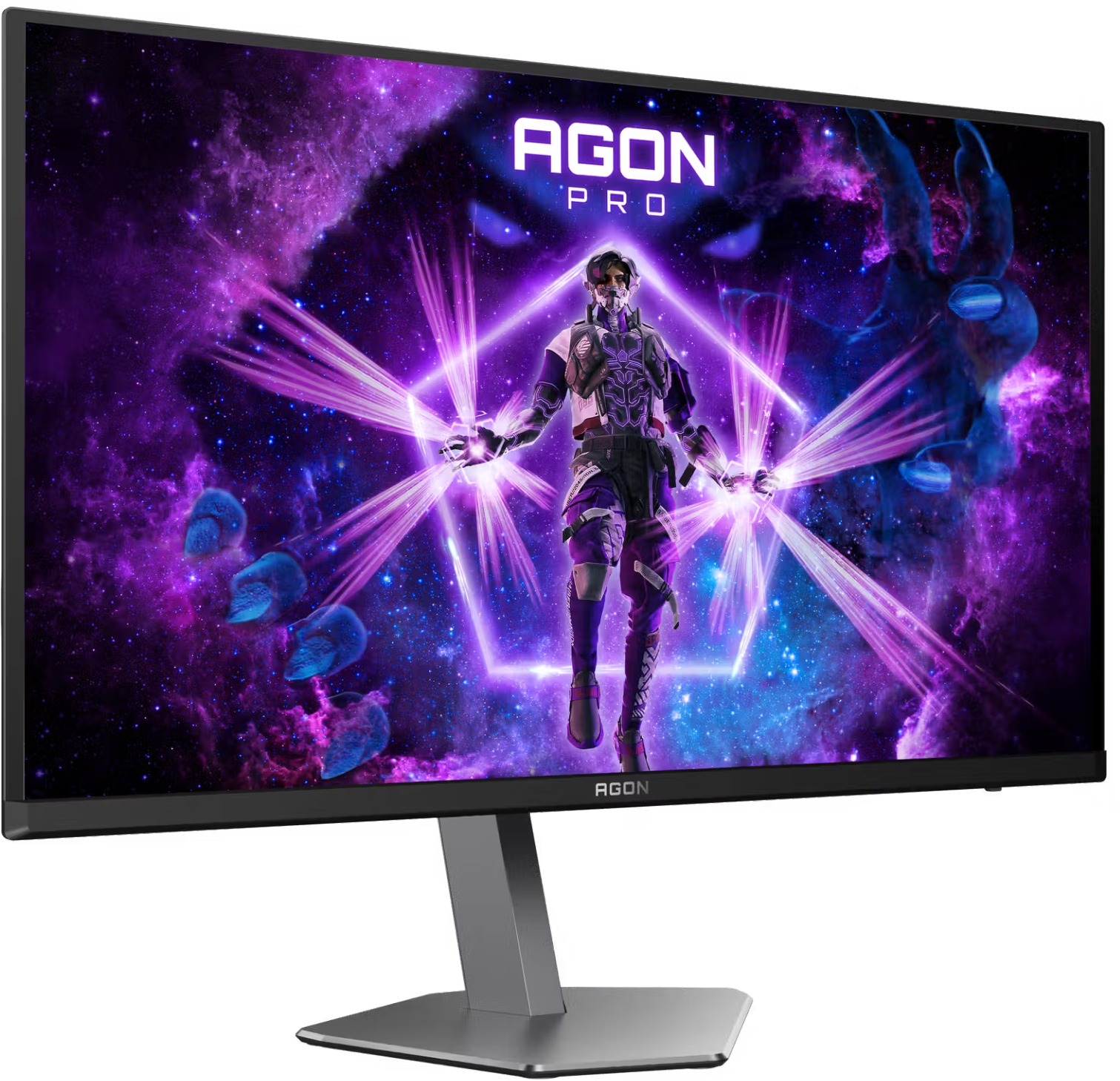 Egy Agon Pro játékmonitor lila űr témát mutat be egy futurisztikus karakterrel a közepén.