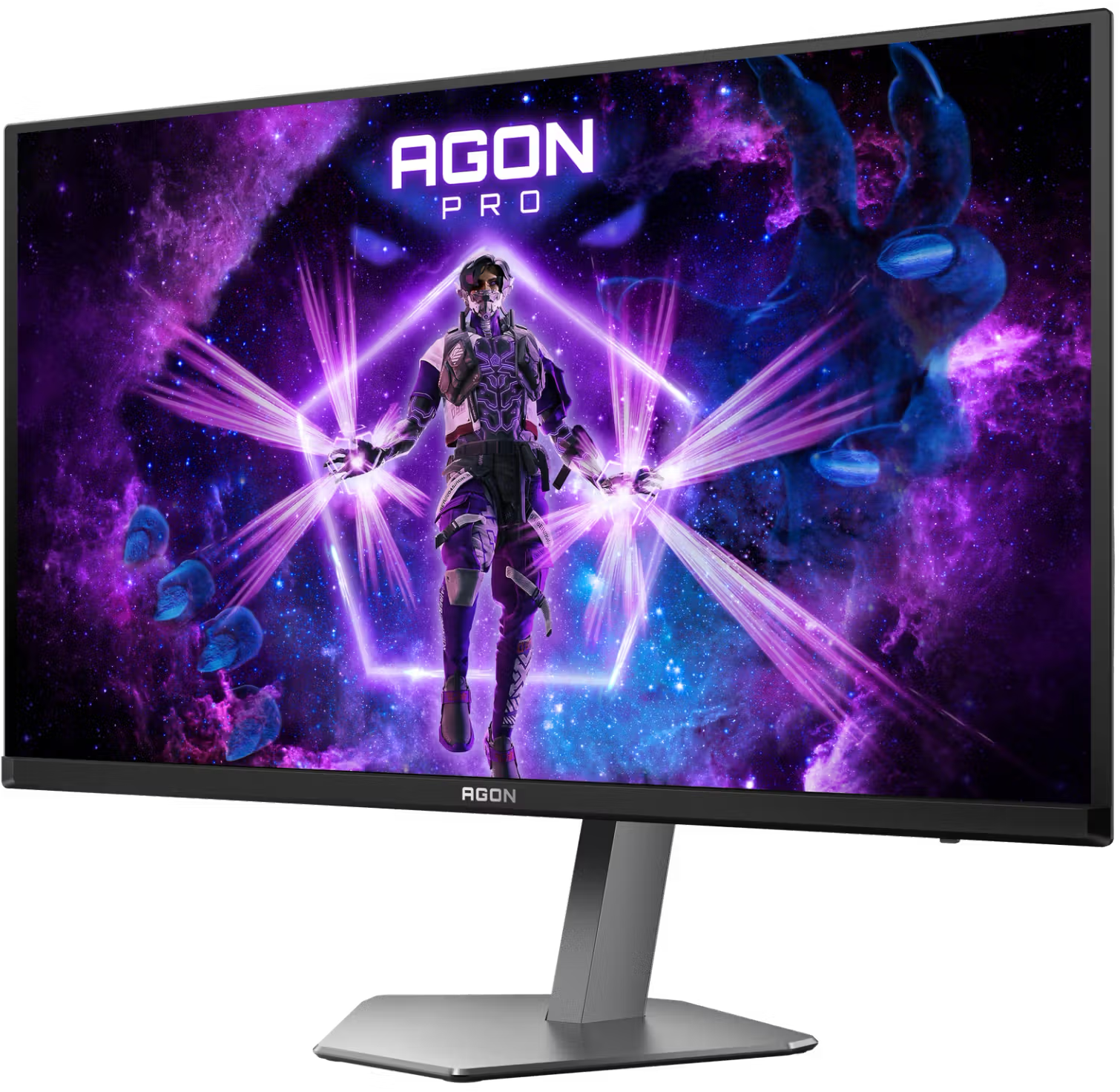 AGON Pro gamer monitor, amelyen egy futurisztikus karakter látható lila űrháttérrel.