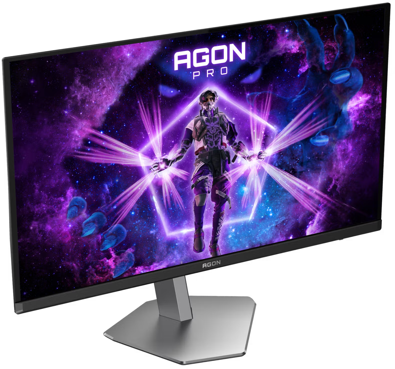Egy Agon Pro gaming monitor lila űrtémát jelenít meg egy futurisztikus karakterrel a közepén.