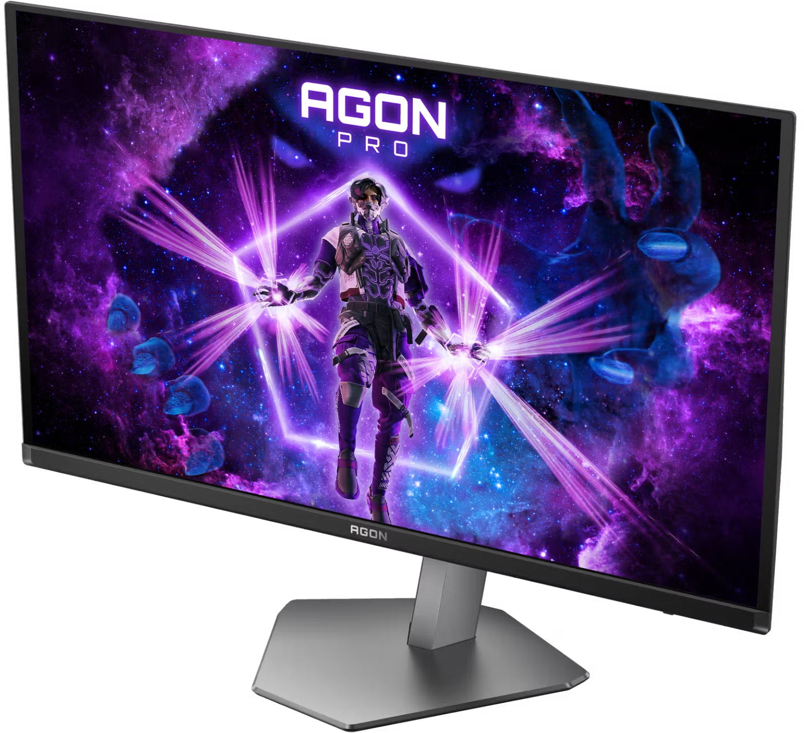 Agon Pro gamer monitor, képernyőjén futurisztikus űrutazás és karakter grafika látható.