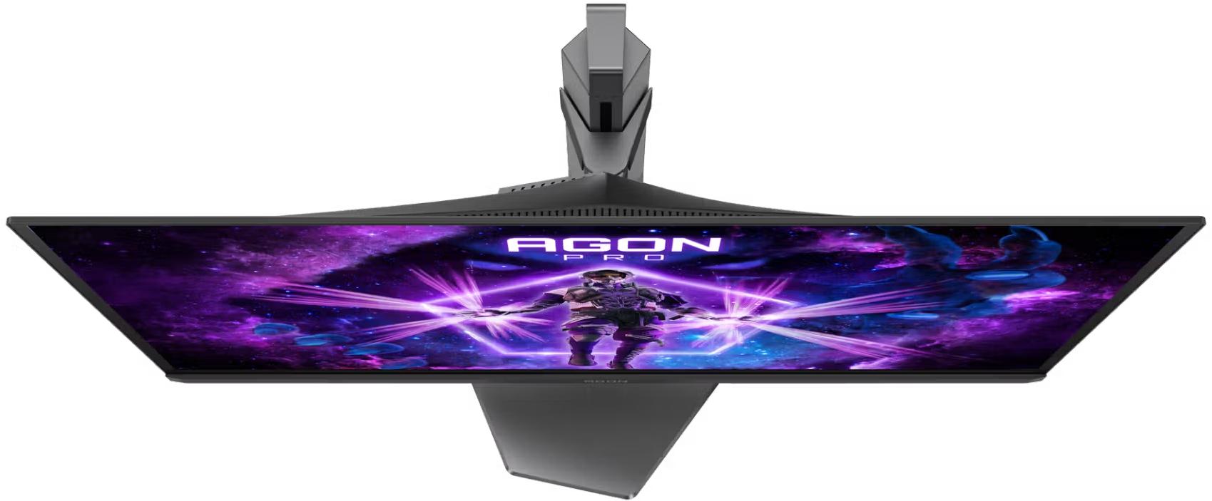 Felülnézet egy Agon Pro gamer monitorról, élénk lila sci-fi háttérrel.