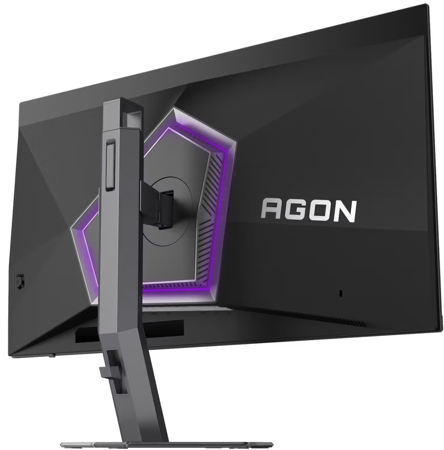 Fekete Agon gaming monitor hátulnézete lila világítással és masszív állvánnyal.