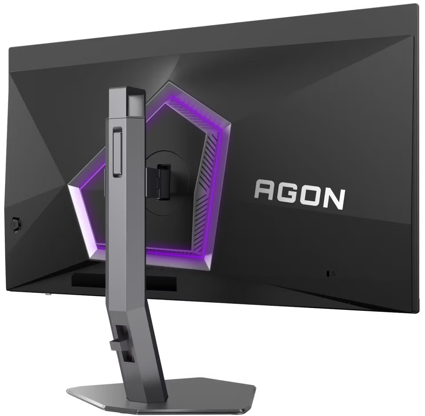 Egy fekete Agon gamer monitor hátulja lila LED világítással és stabil állvánnyal.