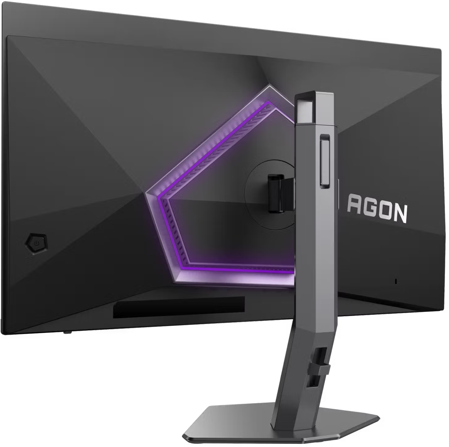 Egy fekete Agon monitor hátoldala lila LED-világítással és szürke állvánnyal.
