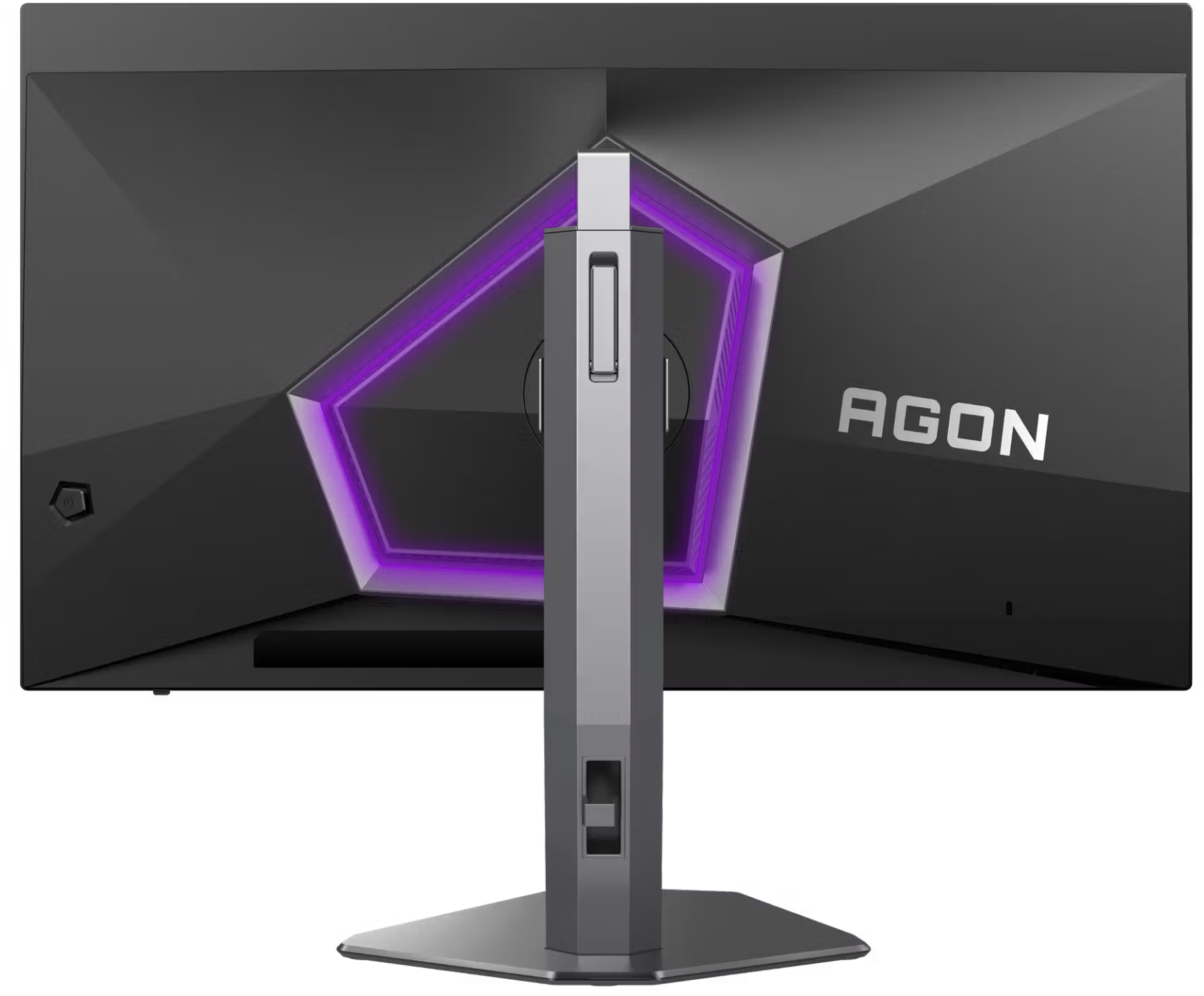 Egy Agon gamer monitor hátoldala lila LED fénnyel és szürke állvánnyal fekete háttér előtt.