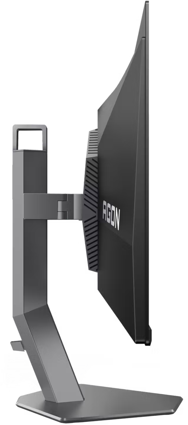 Fekete Agon gaming monitor oldalsó nézete szürke állvánnyal, fekete háttér előtt.