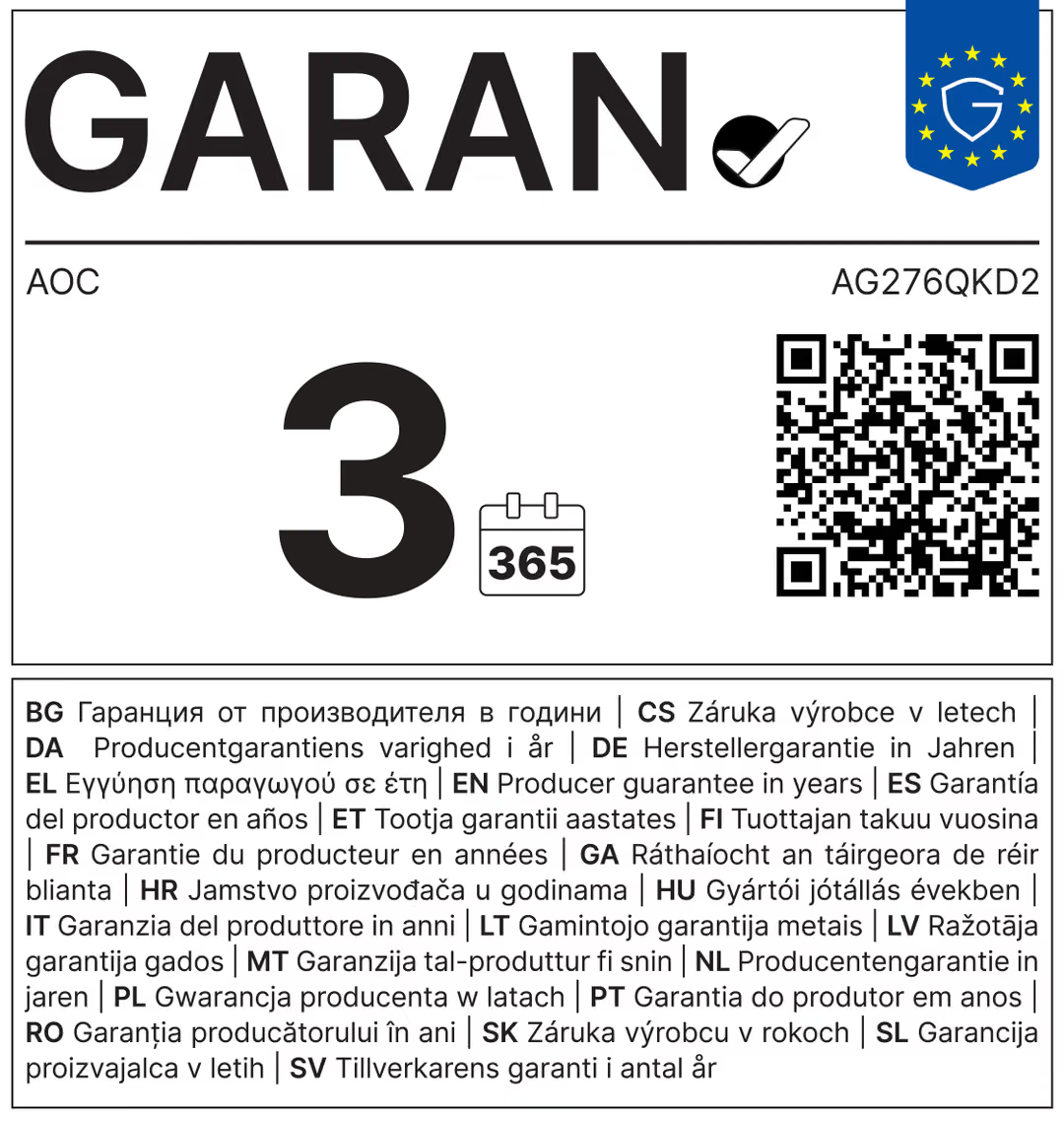 Címke GARAN felirattal, egy nagy 3-as számmal, QR-kóddal és garanciális feltételekkel több nyelven.