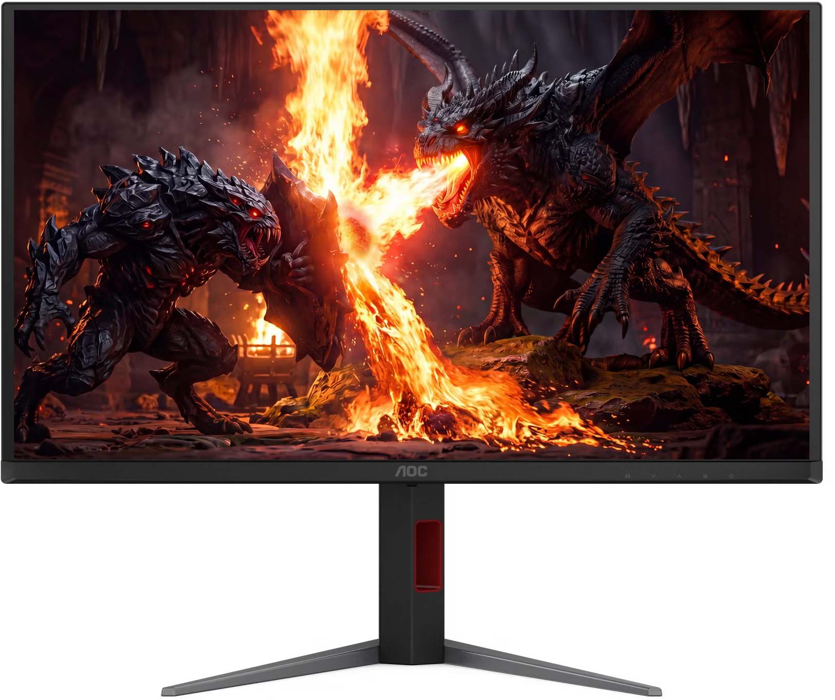 AOC monitor, amelyen egy sárkány és egy tüzet okádó lény fantasy jelenete látható.