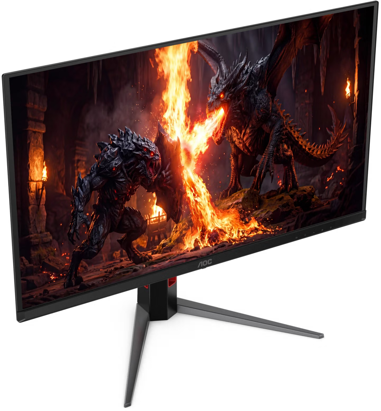 Egy AOC gamer monitor fantasy jelenetet mutat, ahol egy sárkány tüzet okád egy lényre.