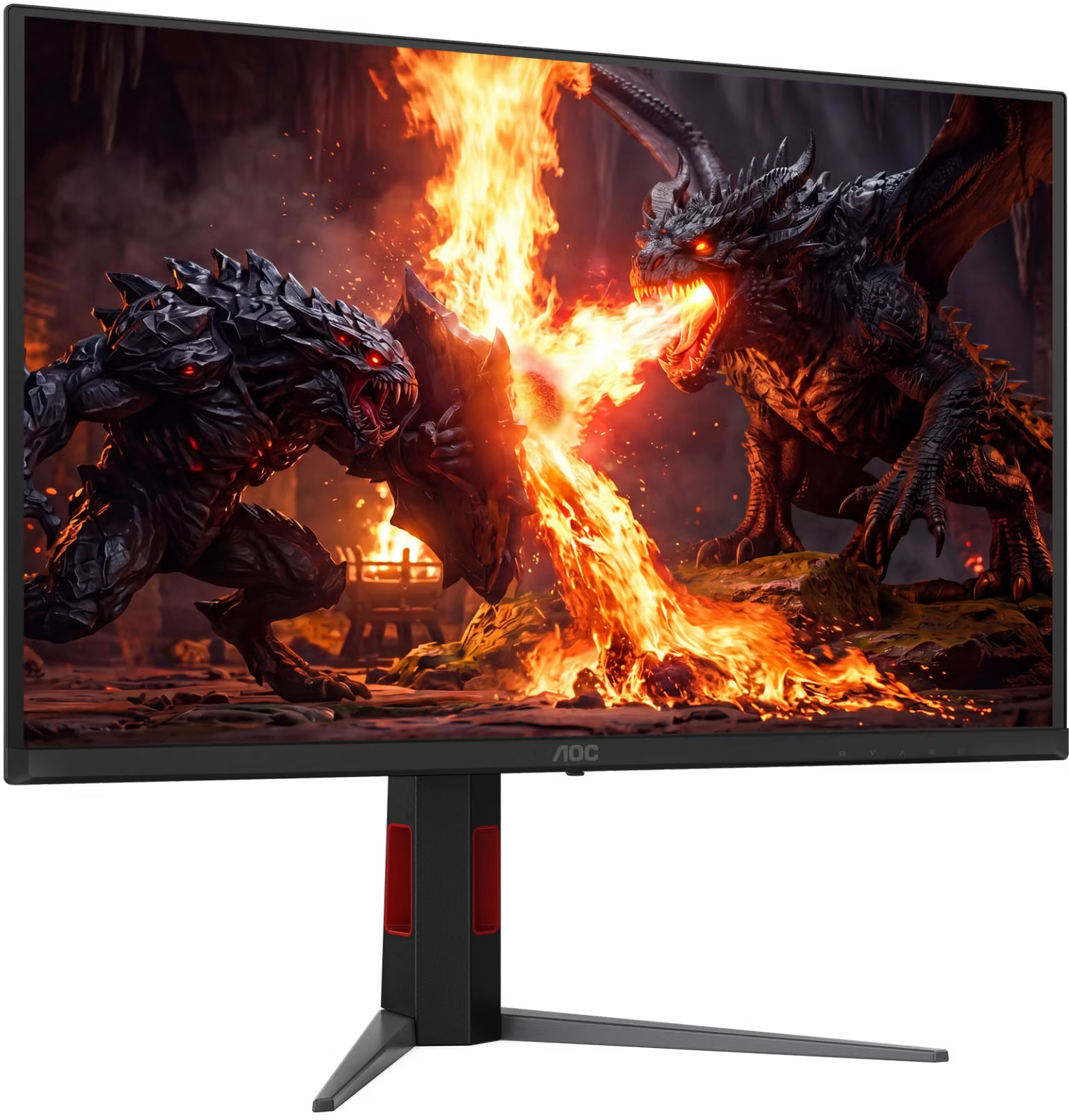 Egy AOC monitor egy fantasy jelenetet mutat, amelyen egy lény és egy sárkány tüzet okád.