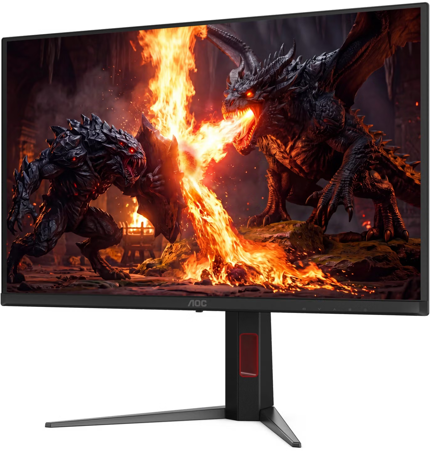 Egy AOC gamer monitor egy sárkányt mutat, amely tüzet okád egy szörnyre egy fantasy jelenetben.