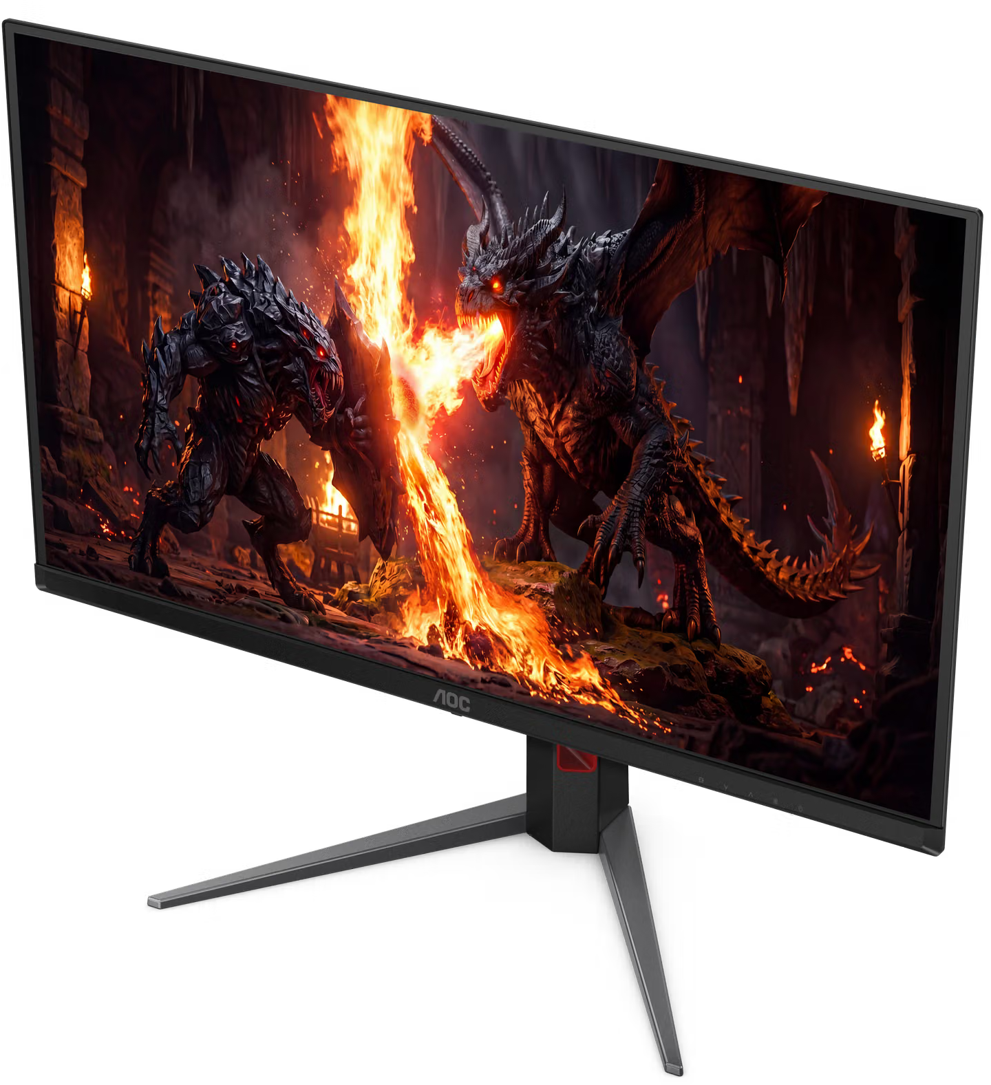 Egy AOC monitor egy sárkányt és egy barlangi tűzben harcoló lényt ábrázoló fantasy jelenetet mutat.