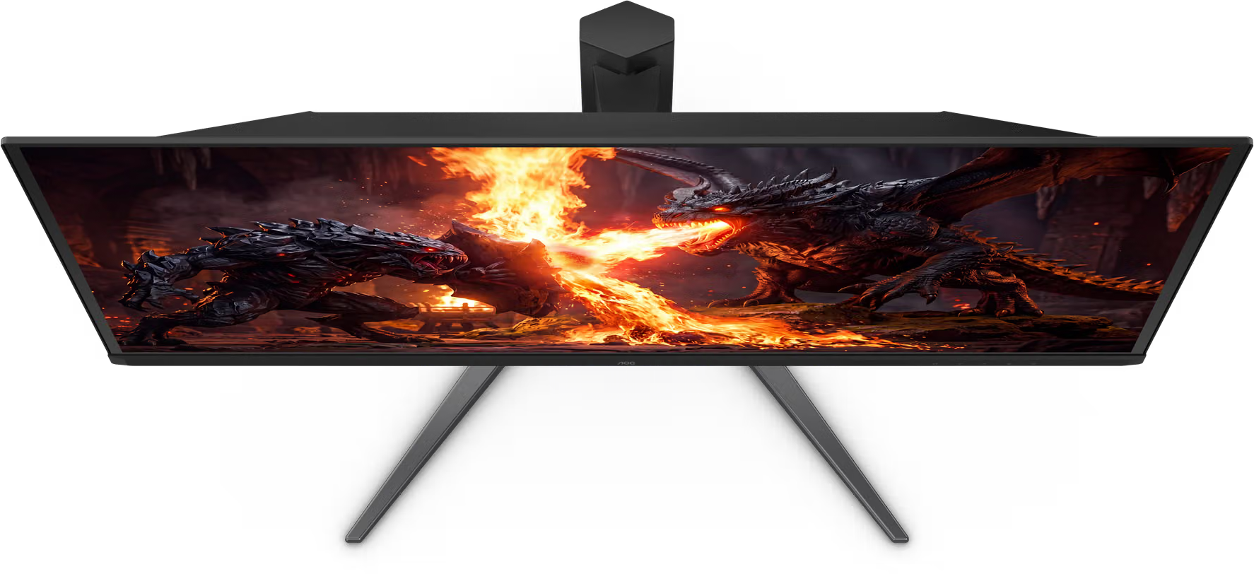 Ultraszéles gamer monitor, amelyen két tűzet okádó sárkány látható fekete háttér előtt.