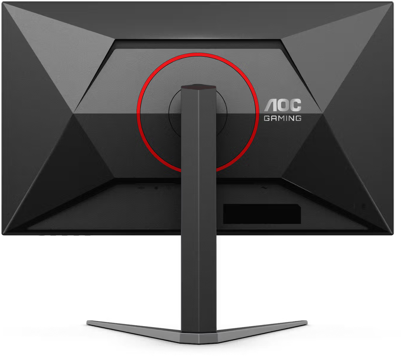 Egy AOC gaming monitor hátulja fekete texturált hátlappal, piros akcentusgyűrűvel és V alakú állvánnyal.