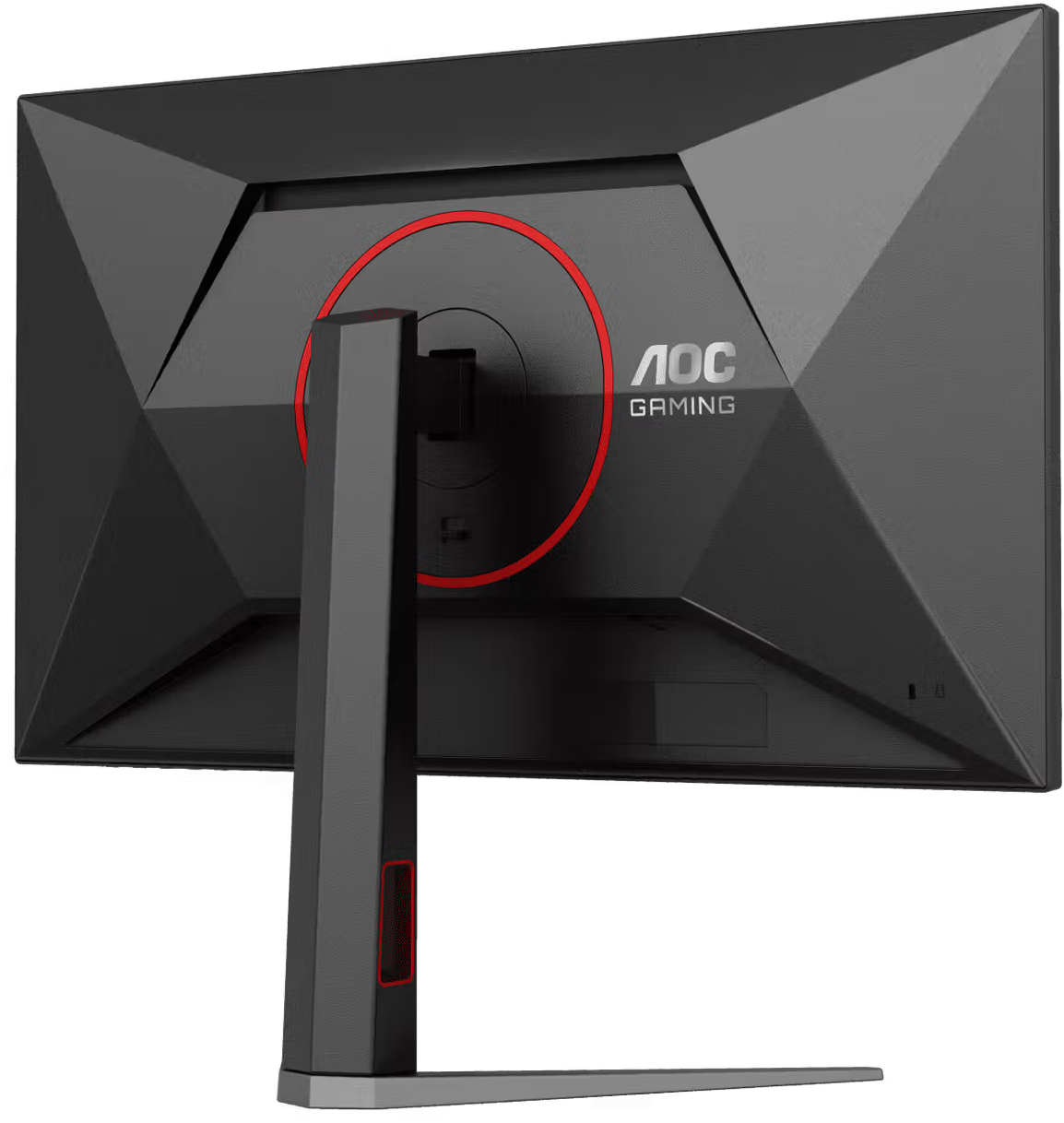 Egy fekete AOC gamer monitor hátulja, piros gyűrűvel a tartó körül és egy stabil talppal.