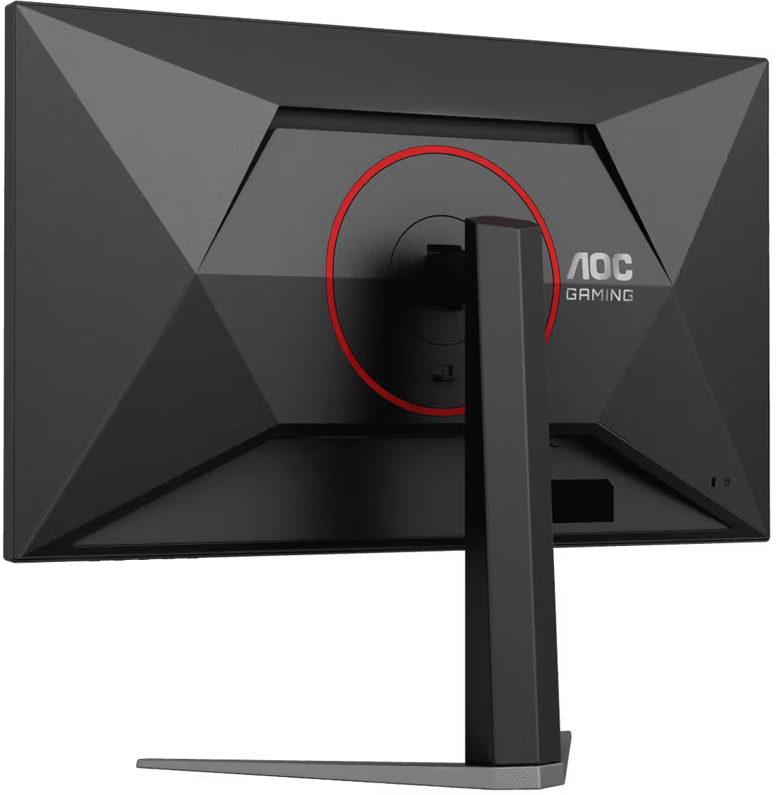 Egy fekete AOC gamer monitor hátulja piros kördísszel és beépített állvánnyal.