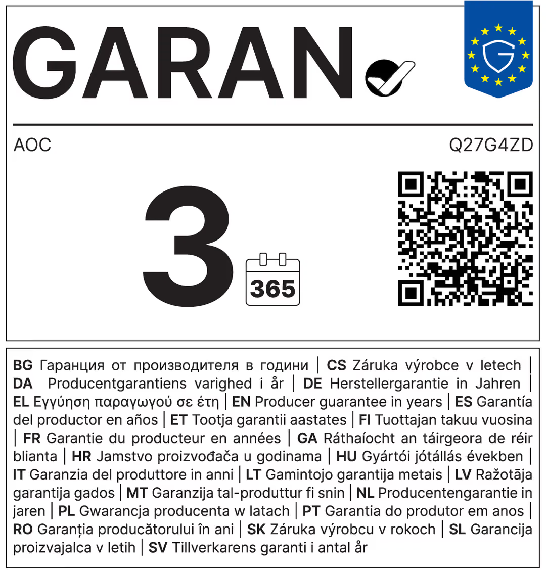 AOC Q27G4ZD garancia címke 3 év jótállással, QR kóddal és többnyelvű szöveggel.