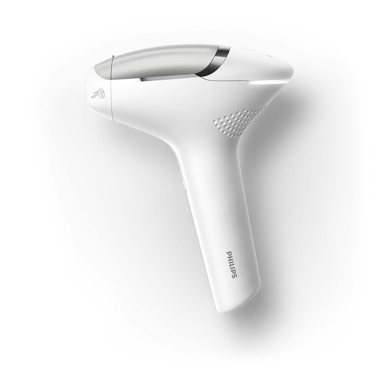 Egy fehér Philips IPL szőrtelenítő eszköz fekete háttérrel.