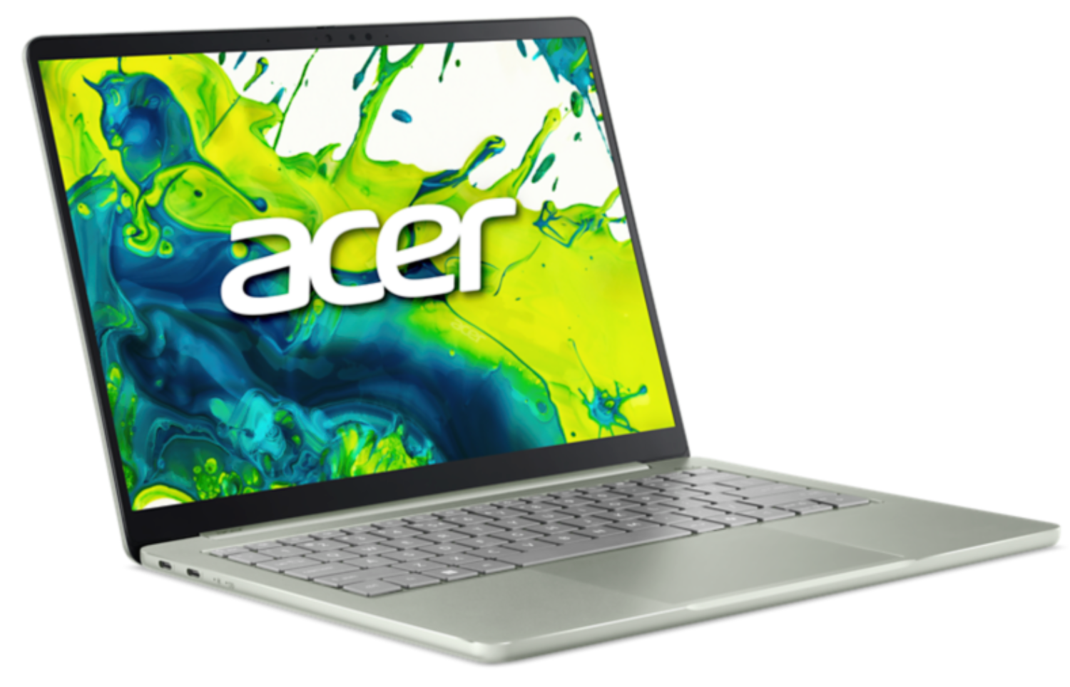 Un portátil Acer plateado con un fondo abstracto colorido en verde y azul en su pantalla.