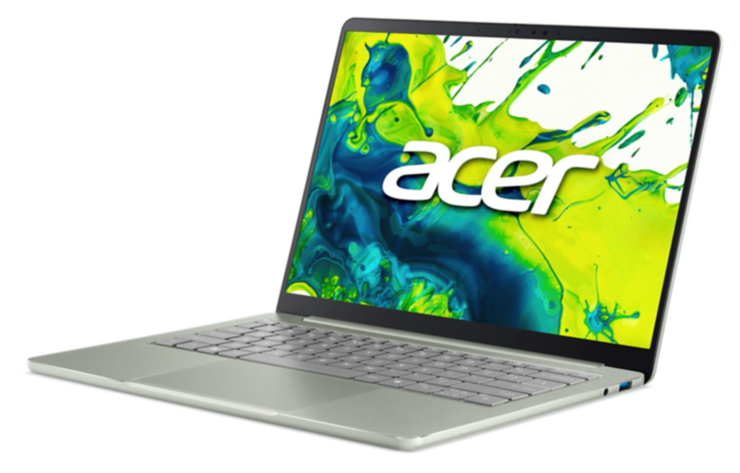 Una laptop Acer plateada muestra una pantalla colorida con salpicaduras de pintura azul y verde.