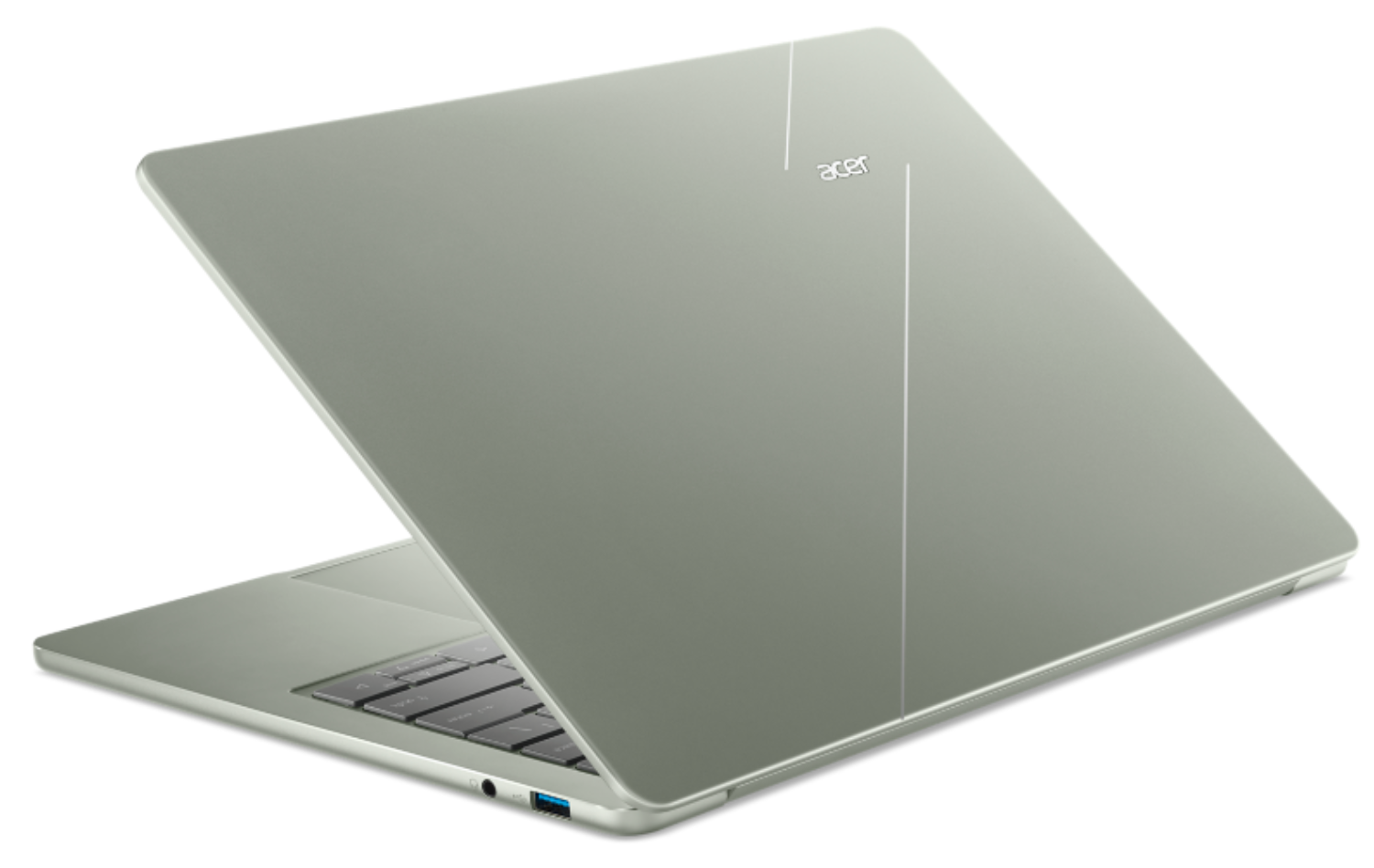 Un ordenador portátil gris de Acer está parcialmente abierto sobre un fondo blanco.