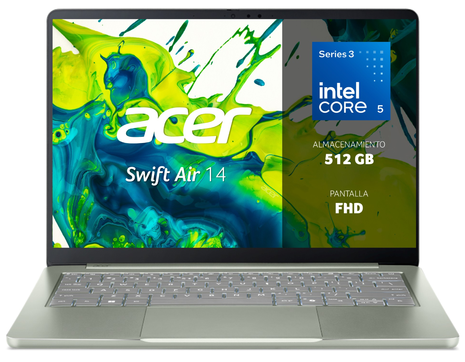 Portátil Acer Swift Air 14 con procesador Intel Core i5, 512 GB de almacenamiento y fondo verde.