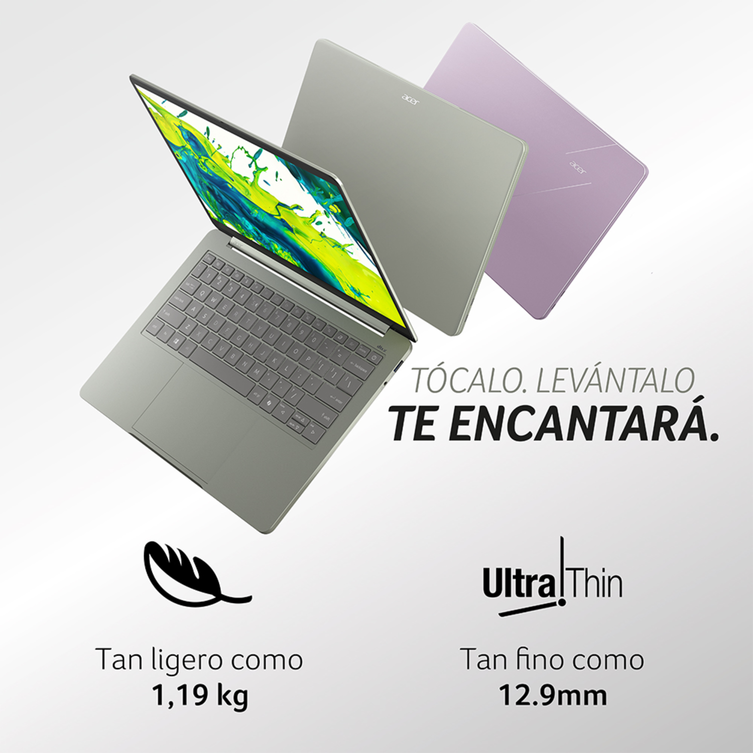 Tres portátiles Acer delgados en verde, plata y púrpura con texto publicitario sobre peso y grosor.