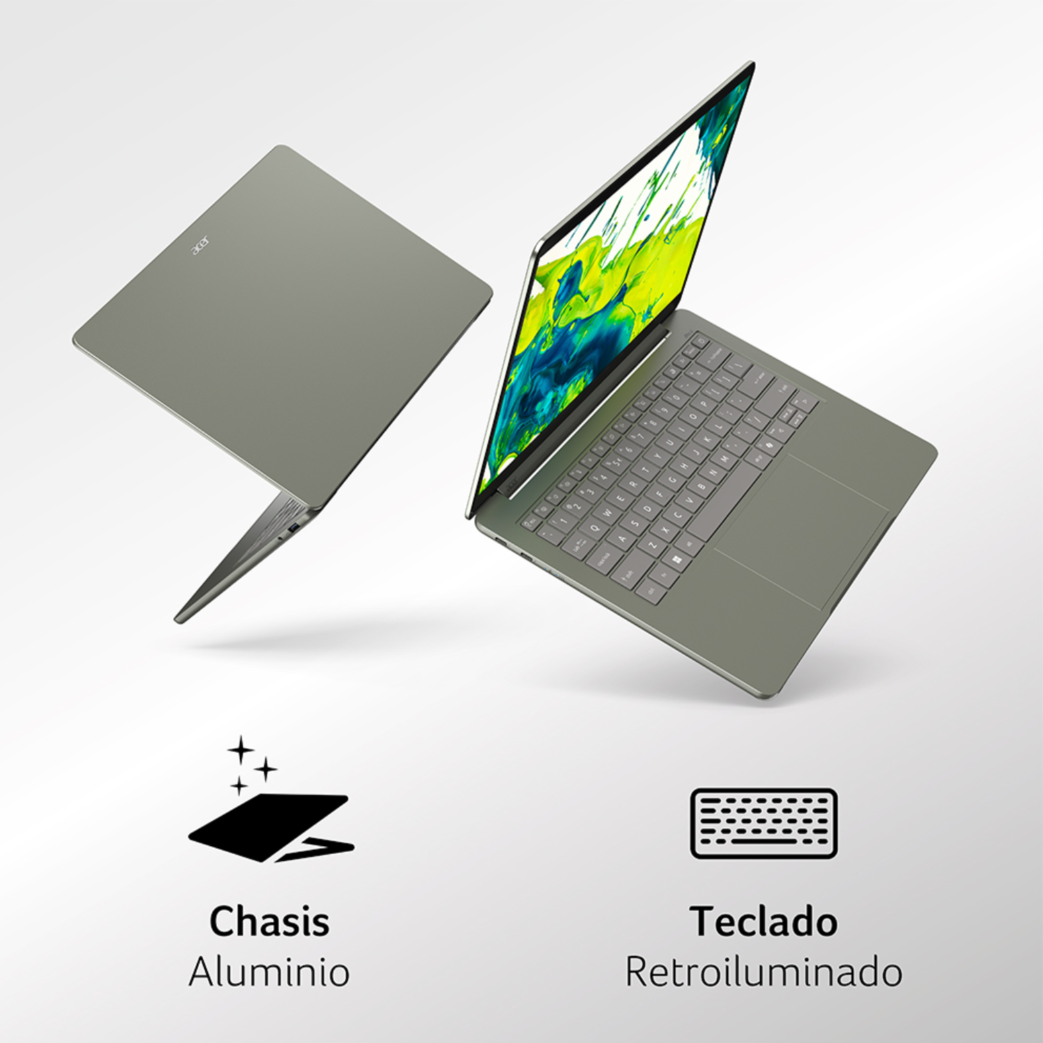 Portátil gris Acer abierto y cerrado, con chasis de aluminio y teclado retroiluminado.