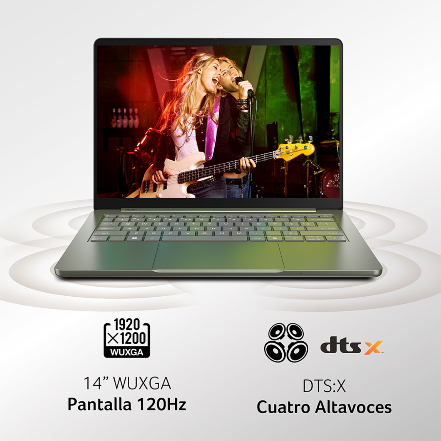 Portátil con pantalla WUXGA de 14 pulgadas a 120Hz y cuatro altavoces DTS:X, mostrando una banda en el escenario.