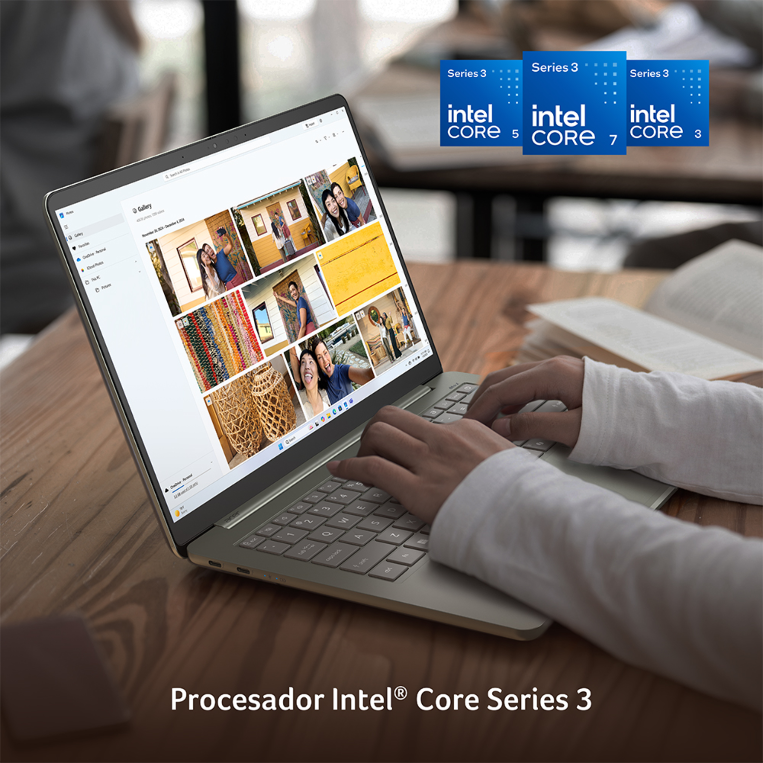 Persona escribiendo en un portátil que muestra una galería de fotos, con logotipos de Intel Core Series 3 arriba.