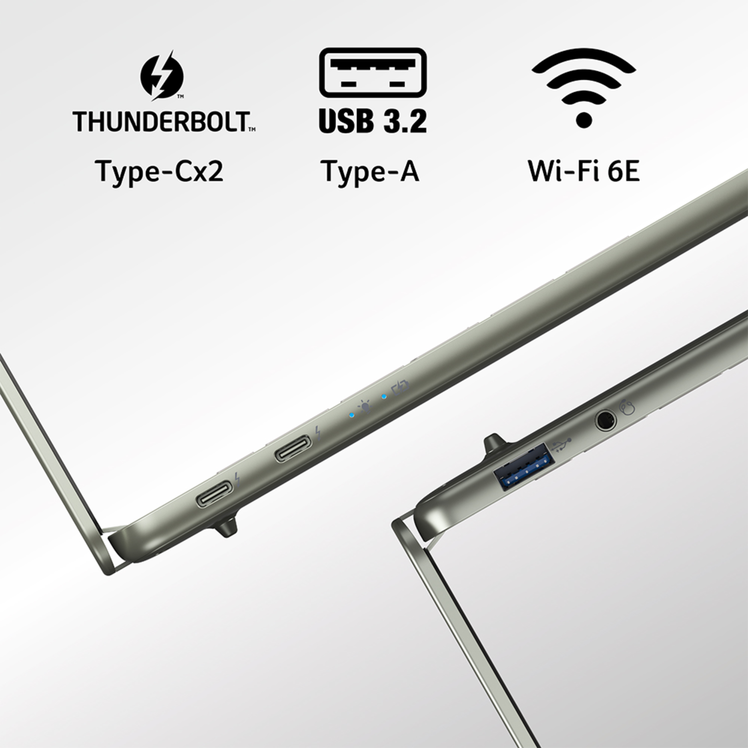 Vista lateral de laptop con iconos de Thunderbolt Type-C, USB 3.2 Type-A y Wi-Fi 6E.