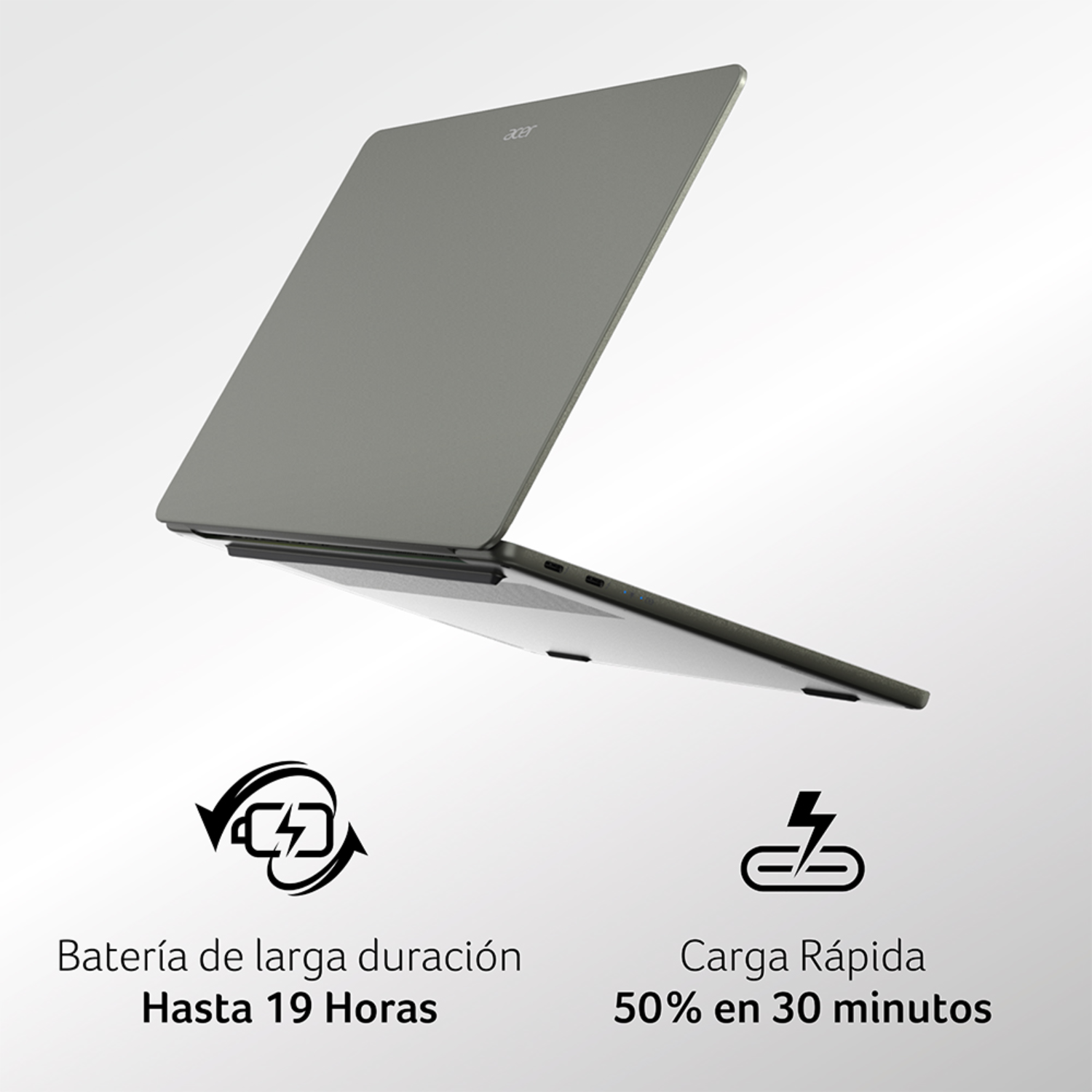 Portátil Acer gris con iconos de batería de larga duración y carga rápida.