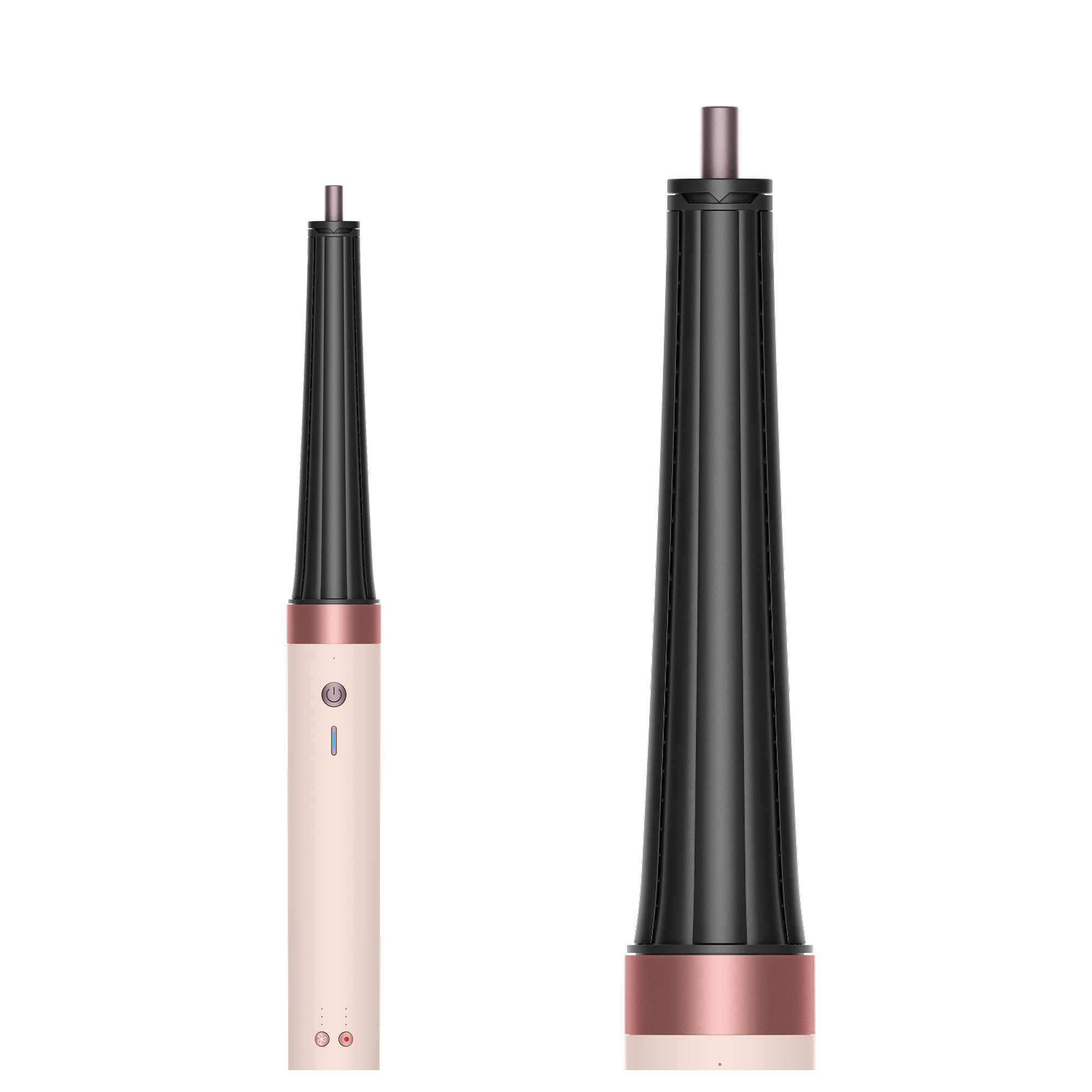 Dos herramientas alargadas para el cabello en negro y rosa sobre fondo blanco.