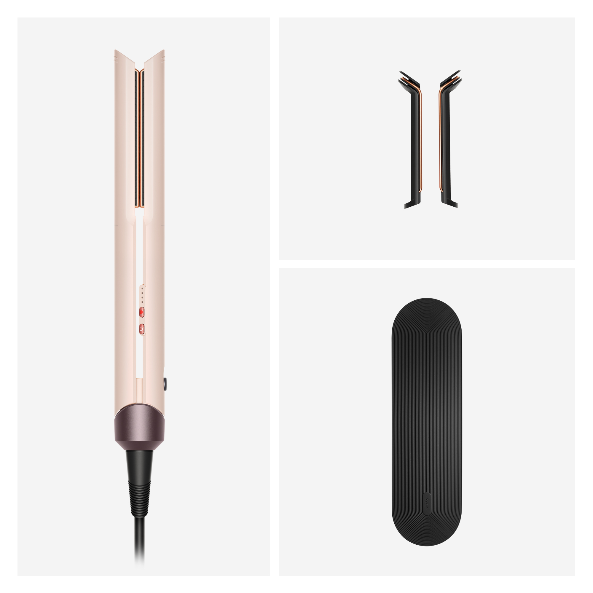 Una plancha de pelo de oro rosa con accesorios y una esterilla negra.