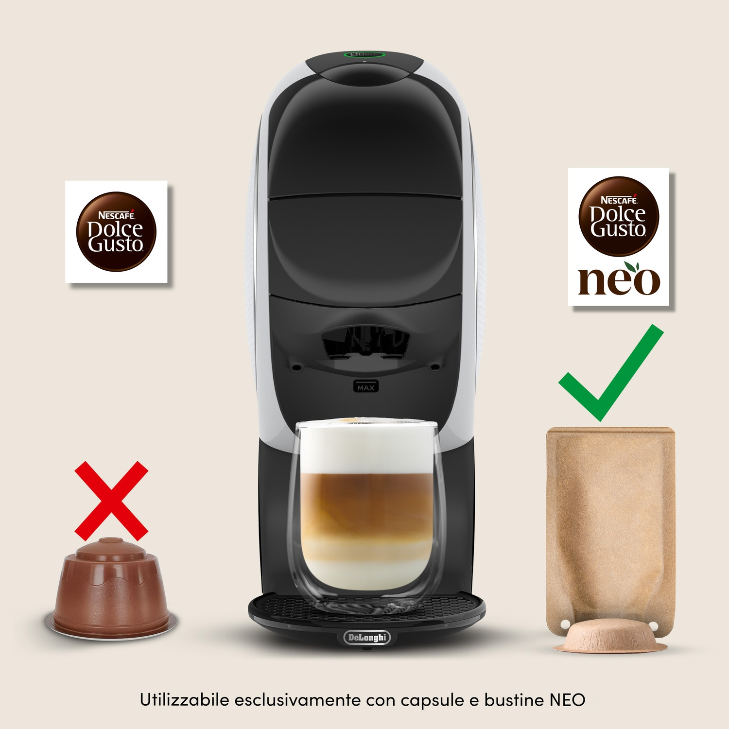 MACCHINA CAFFÈ CAPSULE DE'LONGHI NEO LATTE, Compatibile con Capsule Nescafè Dolce Gusto Neo, Pressione pompa 15 bar, Potenza 1600 W, Serbatoio acqua 1,3 l, Multicolore