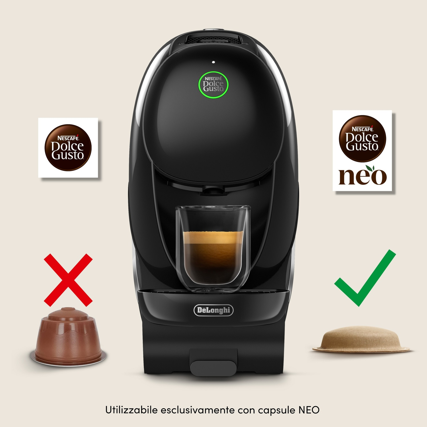 MACCHINA CAFFÈ CAPSULE DE'LONGHI NEO CAFFE', Compatibile con Capsule Nescafè Dolce Gusto Neo, Pressione pompa 15 bar, Potenza 1600 W, Serbatoio acqua 1 l, Grigio
