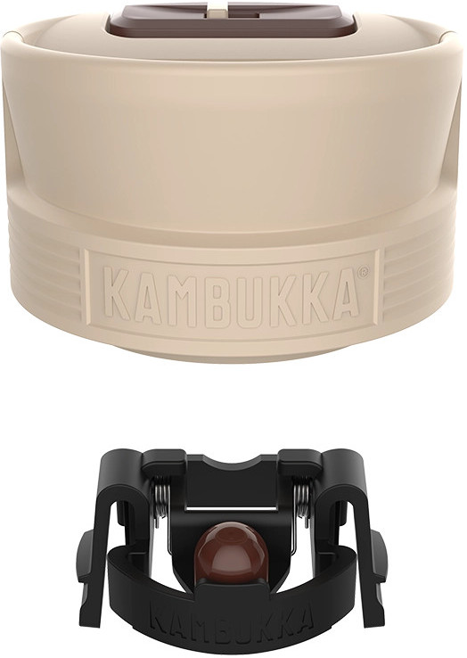 BeÅ ¼owa pokrywka do kubka Kambukka z osobnym czarnym mechanizmem do kawy poniÅ¼ej, na białym tle.