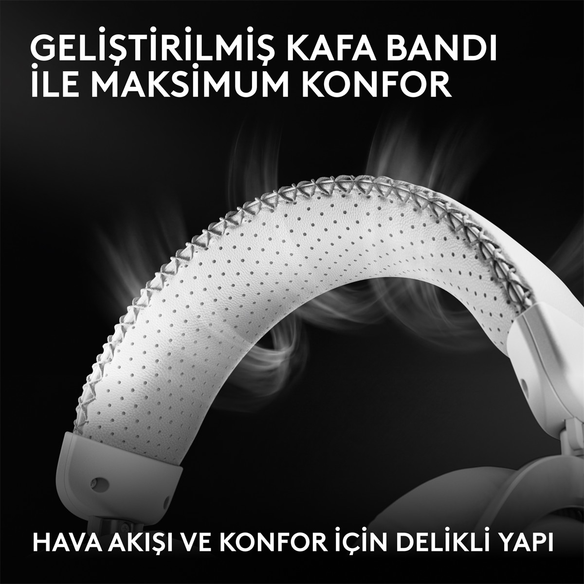 Buhar efektli, siyah beyaz, delikli yapıya sahip kulaklık kafa bandının yakın plan görüntüsü.
