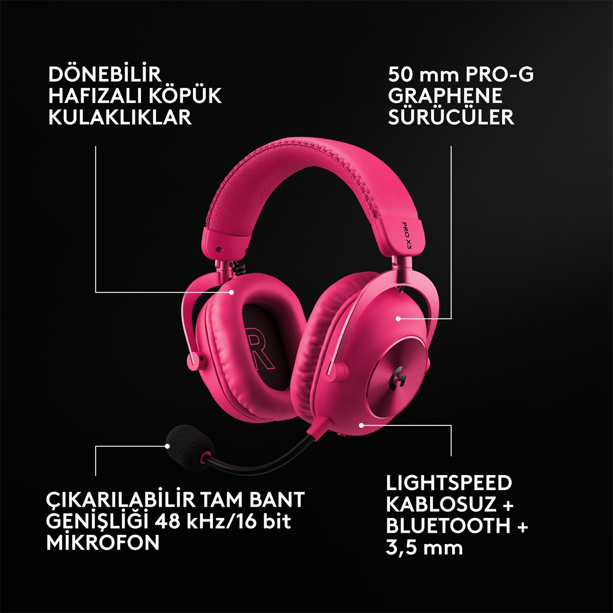 Siyah arkaplanda çıkarılabilir mikrofonlu pembe kablosuz oyuncu kulaklığı.