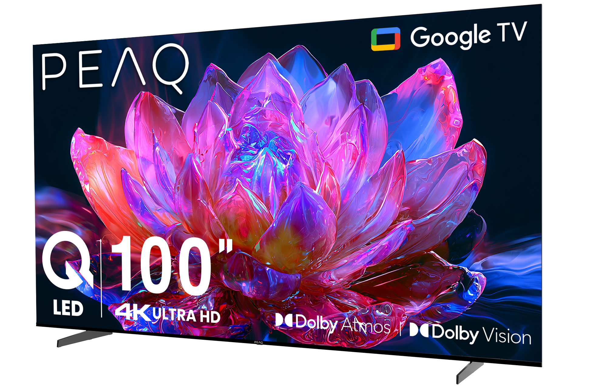 Canlı pembe ve mavi lütüs çiçeği gösteren düz ekran TV, Google TV ve Q 100" yazısı.