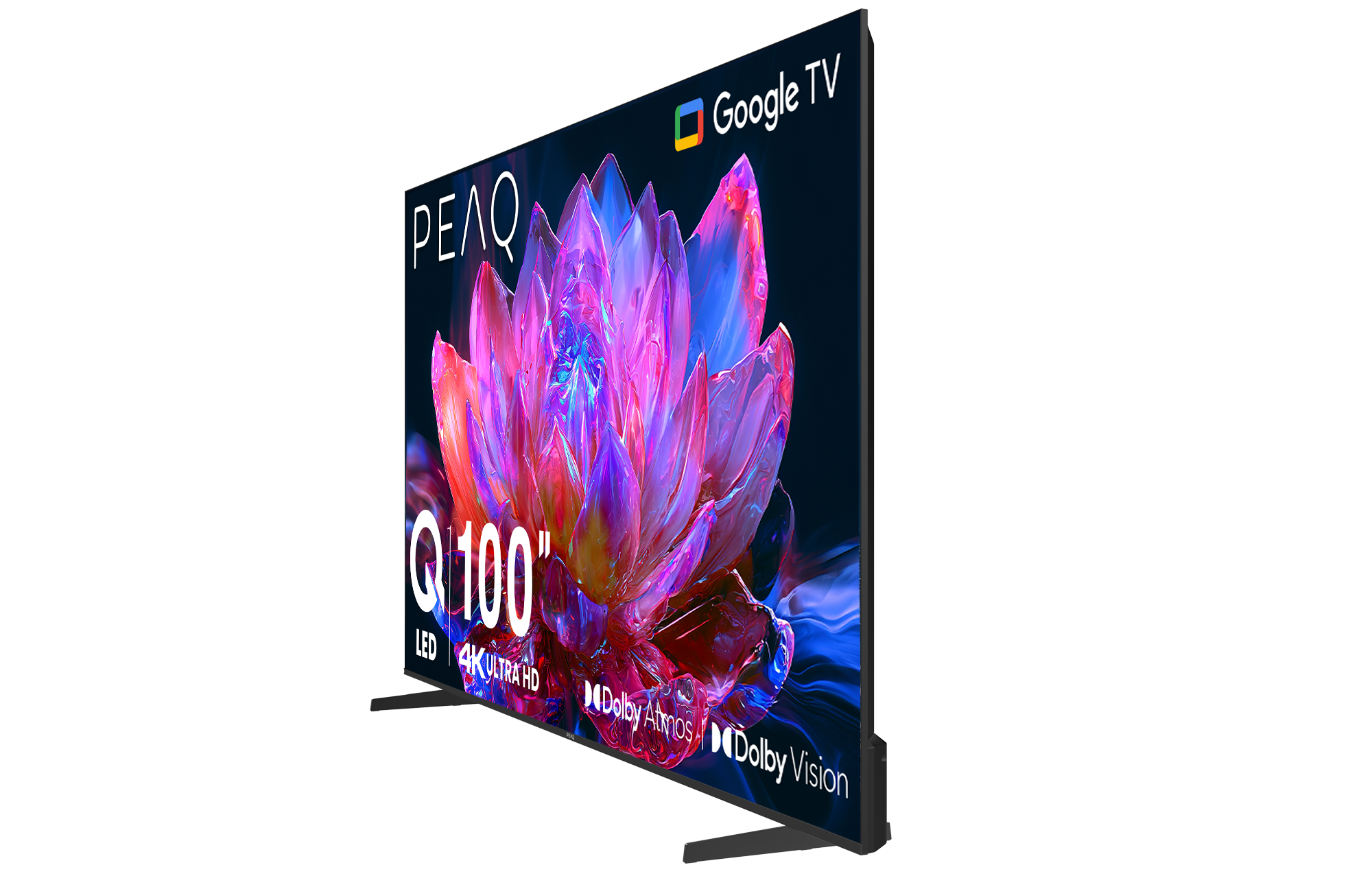 Düz bir Q100 inç TV, pembe bir çiçek, Google TV, LED ve Dolby Vision logolarını gösteriyor.