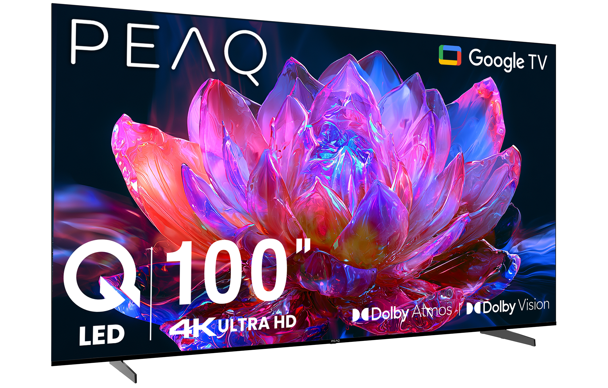 Bir PEAQ 100 inç 4K Ultra HD LED TV ekranda canlı, soyut bir çiçek gösteriyor.