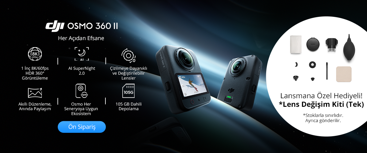 Siyah arka planda özellikler ve lens değişim kitiyle DJI Osmo 360 II kamera.