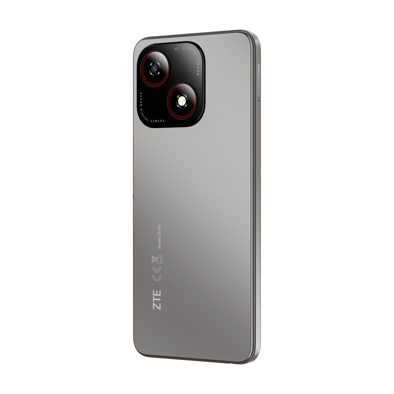 Smartphone ZTE grigio visto da retro, con modulo a doppia fotocamera verticale e loghi normativi su sfondo bianco.
